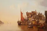 Ludwig Hermann, Coastal Landscape with a Harbour Town, Oil on canvas (relined)
