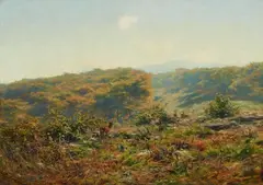 Lewis Herzog, Landscape with Deer in the Morning Mist, Oil on canvas