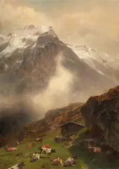 Otto Kameke, Alpine Landscape with a Herd of Cattle, Oil on canvas (relined)