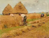 Farmers Harvesting Corn by Hugo Mühlig, Oil on card, sold Sep 2016