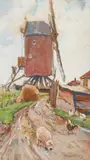 Hugo Mühlig, Pigs and Poultry by a Post Mill, Gouache on paper