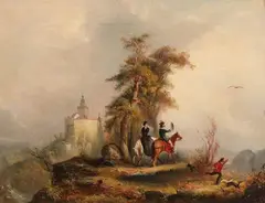 Falconry Scene in a Romantic Landscape by Karl Michael Schirmer, Oil on canvas, sold Sep 2016