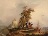 Karl Michael Schirmer, Falconry Scene in a Romantic Landscape, Oil on canvas
