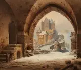 Wilhelm Steuerwaldt, An Archway with a View of a Medieval Castle, Oil on canvas