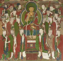 Anonymer Maler des 19. Jh., A Korean painting of Ksitigarbha (Jijang bosal) as supreme ruler of the underworld flanked by the Chinese monk Daoming (Tomyông) and demon king Mutôk in front of the throne and ..., A Korean painting of Ksitigarbha (Jijang bosal) as supreme ruler of the underworld flanked by the Chinese monk Daoming (Tomyông) and demon king Mutôk in front of the throne and surrounded by the Ten Kings of Hell and their retinues. Ink and colour on paper. Inscription and dated 28th year Daoguang (1848). Damaged. Korea. Joseon dynasty (1392-1910), 19th century