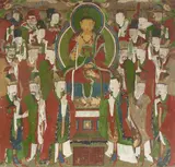 A Korean painting of Ksitigarbha (Jijang bosal) as supreme ruler of the underworld flanked by the Chinese monk Daoming (Tomyông) and demon king Mutôk in front of the throne and ... by Anonymer Maler des 19. Jh., A Korean painting of Ksitigarbha (Jijang bosal) as supreme ruler of the underworld flanked by the Chinese monk Daoming (, sold Jun 2016