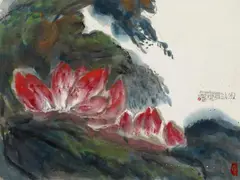 Su Xiaobai, "Ji xi" (Small river). Ink and colours on paper. Inscription, dated 1993 and two seals., "Ji xi" (Small river). Ink and colours on paper. Inscription, dated 1993 and two seals