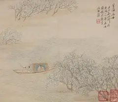 Cheng Tinglu, Boat trip with crane. Album leaf. Ink and colour on paper. Inscription, sealed Xu Bo and two more seals., Boat trip with crane. Album leaf. Ink and colour on paper. Inscription, sealed Xu Bo and two more seals