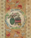Four scrolls by anonymous painters. a) Horizontal scroll with Buddhist figures and monks. Ink and colour on silk. b) Three paper webs with seven medallions each depicting flower..., Four scrolls by anonymous painters. a) Horizontal scroll with Buddhist figures and monks. Ink and colour on silk. b) Three paper webs with seven medallions each depicting flower..., Four scrolls by anonymous painters. a) Horizontal scroll with Buddhist figures and monks. Ink and colour on silk. b) Three paper webs with seven medallions each depicting flower vases and fruits symbolising good fortune. 19th century. (4) a)