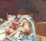 Willi Sitte, Liebespaar im Bett, 1981, Oil on cardboard
