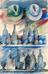 Pavlos Dionyssopoulos, Untitled (Bar, 2 étagères), 1983, Coloured chalk and pencil, collaged, on cardboard backed with adhesive tape