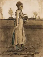 Vincent van Gogh, Femme semant/Peasant Woman Sowing with a Basket, 1881, Black chalk drawing, heightened with white, and watercolour on wove paper, laid down on card and panel