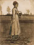 Vincent van Gogh, Femme semant/Peasant Woman Sowing with a Basket, 1881, Black chalk drawing, heightened with white, and watercolour on wove paper, laid down on card and panel