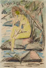 Otto Mueller, Sitzendes Mädchen am Wasser, Circa 1920, Coloured chalks, oil crayon, charcoal and watercolour on chamois-coloured paper