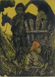 Otto Mueller, Zigeunerfamilie am Planwagen, 1926/1927, Colour lithograph, the red manually applied with wax crayon powder, on grey laid paper