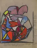 Adolf Hölzel, Abstrakte Komposition ("Man wundert sich..."), Circa 1925, Pastel crayon and graphite on grey, fibrous, ribbed drawing paper, handwritten text in pencil in the margin