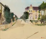 Lucien Adrion, Untitled (Strasse in Bièvres mit Spaziergängern)
