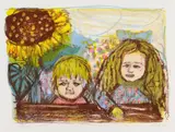 Otto Dix, Zwei Kinder (mit Sonnenblume), 1966, Colour lithograph on laid paper with watermark "Van Gelder Zonen"