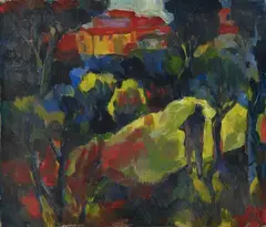 Untitled (Dekorative Landschaft/Die geträumte Stadt) by Josef Eberz, Around 1915/1917, Oil on card, sold Jun 2016