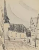 Lyonel Feininger, Untitled (Gelmeroda), 1913, Black and coloured wax crayon on plain paper (from a drawing pad with perforations on three sides)
