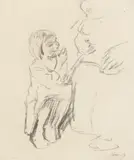 Käthe Kollwitz, Mutter mit Kind auf dem Schoß und Mädchen, Circa 1905/1906, Charcoal drawing on laid paper with watermark "JCA" 47.6 x 39.7/