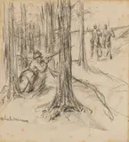 Max Liebermann, Entwurf zur Illustration "Anekdote aus dem letzten Krieg - Der Marodeur" für Heinrich von Kleist "Kleine Schriften", Circa 1916, Black chalk on paper, firmly mounted to card support