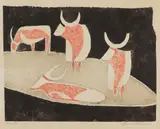 Ewald Mataré, Weide XXVII B (Vier Kühe auf der Weide I), 1928, Colour woodcut in red and grey on Japan laid paper