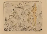Otto Mueller, Badeszene mit Jüngling und zwei Mädchen (1), 1914, Lithograph on copperplate paper, reworked with watercolour