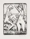 Otto Mueller, Im Wasser stehendes und am Ufer sitzendes Mädchen mit Hut (Mädchen im Bade), 1921-22, Lithograph on fibrous, chamois-coloured laid paper