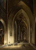 Johann Ludwig Ernst Morgenstern, A Gothic Church Interior by Night, Oil on panel