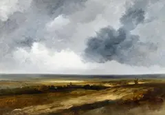 Georges Michel, Panoramic Landscape with a Village and Windmill, Oil on paper, mounted on canvas