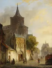 Cornelis Springer, View of a Medieval Town with a Romanesque Church, Oil on panel