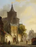 Cornelis Springer, View of a Medieval Town with a Romanesque Church, Oil on panel