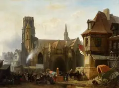 Albert Schwendy, Town Fair by a Gothic Church in France, Oil on canvas