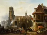 Albert Schwendy, Town Fair by a Gothic Church in France, Oil on canvas