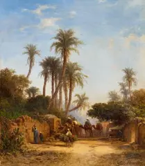 Bernhard Fiedler, A Caravan by an Oasis, Oil on canvas