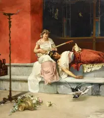 Ettore Forti, Classical Roman Interior with two Young Ladies, Oil on canvas
