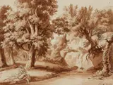 Albert Christoph Dies, Bathers in a Wooded Landscape, Pen and brown ink