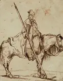 attributed to Carl Philipp Fohr, Horseman with a Lance, Brown ink on paper, mounted on card