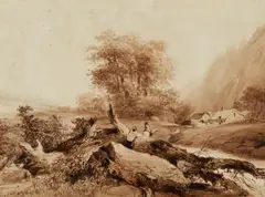Eugène Blery, Mountainous Landscape with a Courtyard and two Figures, Pen and brown ink, red watercolour