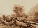 Eugène Blery, Mountainous Landscape with a Courtyard and two Figures, Pen and brown ink, red watercolour