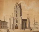 attributed to Friedrich Wilhelm Buttel, Design for a Church in a Harbour Town, Pen with grey and white ink over pencil