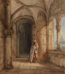 Georg Osterwald, Sentry by a Castle Gate, Watercolour over pencil