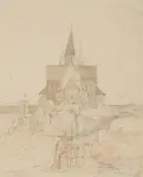 Procession by a Romanesque Church by Ivo Ambroise Vermeersch, Pencil, offered May 2016