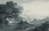 Christian Gottlob Hammer, Southern Landscape in the Manner of Claude Lorrain, Black and grey/blue ink