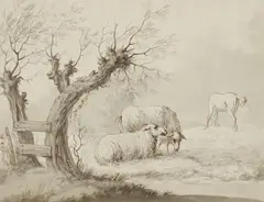 Andreas Schelfhout, Meadow Landscape with Animals, Brown ink and grey was