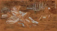 Philipp Otto Schäfer, Recumbent Male Nude in a Landscape - possibly Apollo at rest, Indian ink over chalk drawing on tinted paper, mounted on card