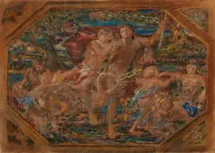 Philipp Otto Schäfer, Mythological Scene with Hermes, Leda and Dionysos surrounded by Putti, Chalk pastel over pencil on tinted paper