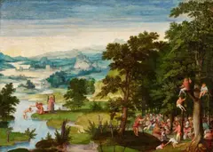 attributed to Cornelis Massys, River Landscape with the Baptism of Christ and Saint John Preaching, Oil on panel (parquetted)