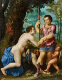 Prague School circa 1600, Venus and Adonis, Oil on panel (parquetted)
